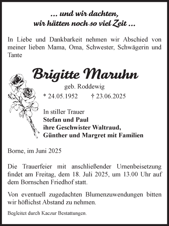 Traueranzeige von Brigitte Maruhn von Volksstimme Staßfurt