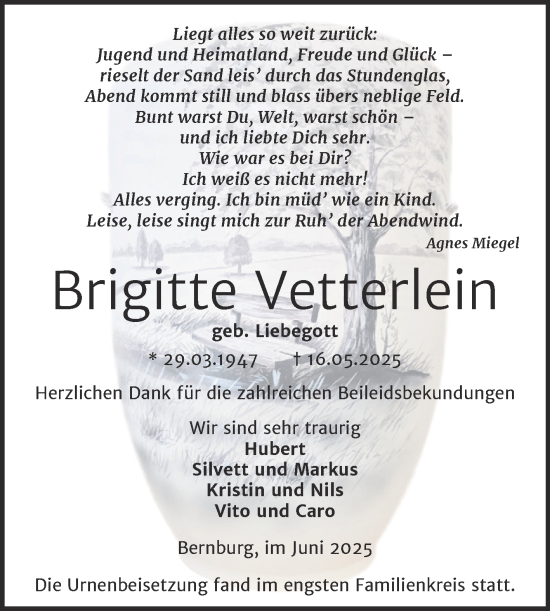 Traueranzeige von Brigitte Vetterlein von Trauerkombi Bernburg