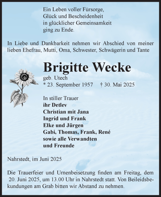 Traueranzeige von Brigitte Wecke von Volksstimme Altmark Ost