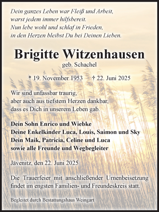 Traueranzeige von Brigitte Witzenhausen von Volksstimme Altmark West