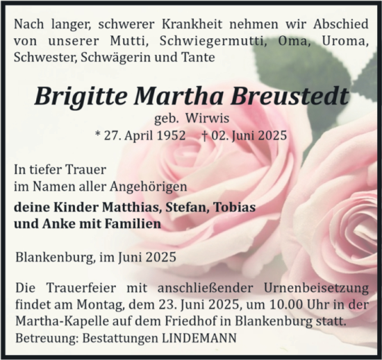 Traueranzeige von Brigitte Martha Breustegt von Volksstimme Wernigerode