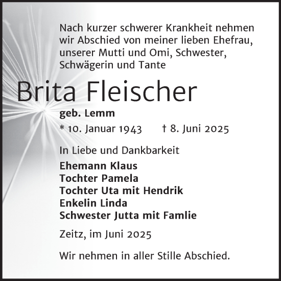 Traueranzeige von Brita Fleischer von Trauerkombi Zeitz
