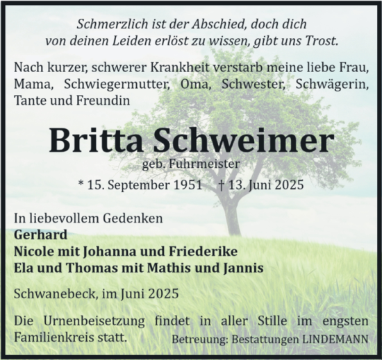 Traueranzeige von Britta Schweimer von Volksstimme Halberstadt