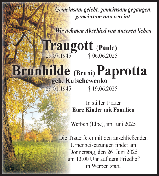 Traueranzeige von Brunhilde Paprotta von Volksstimme Altmark Ost