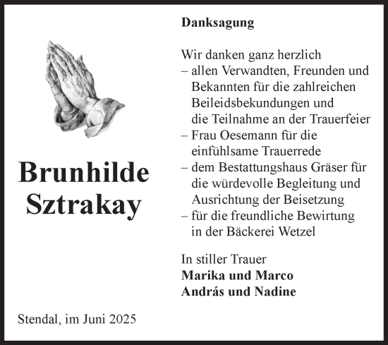 Traueranzeige von Brunhilde Sztrakay von Volksstimme Altmark Ost