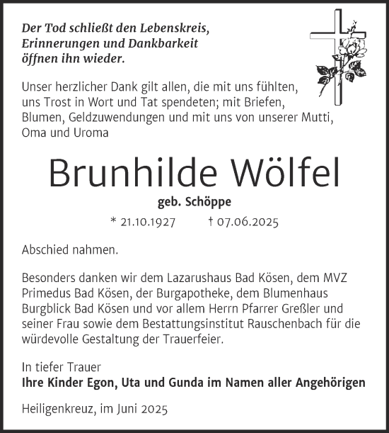 Traueranzeige von Brunhilde Wölfel von Naumburger Tageblatt