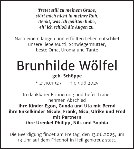 Traueranzeige von Brunhilde Wölfel von Naumburger Tageblatt