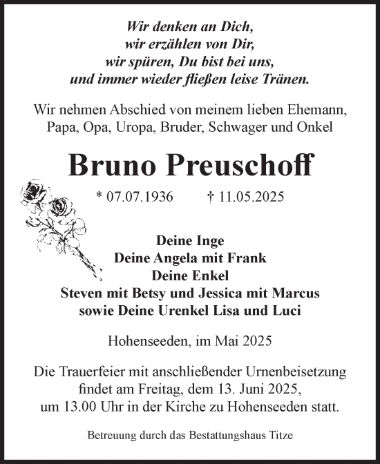 Traueranzeige von Bruno Preuschoff von Volksstimme Burg/Genthin