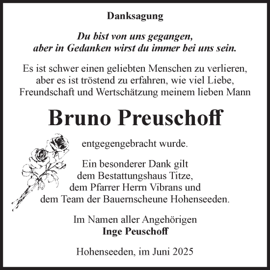 Traueranzeige von Bruno Preuschoff von Volksstimme Burg/Genthin