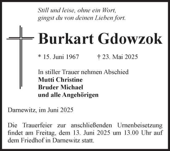 Traueranzeige von Burkart Gdowzok von Volksstimme Altmark Ost