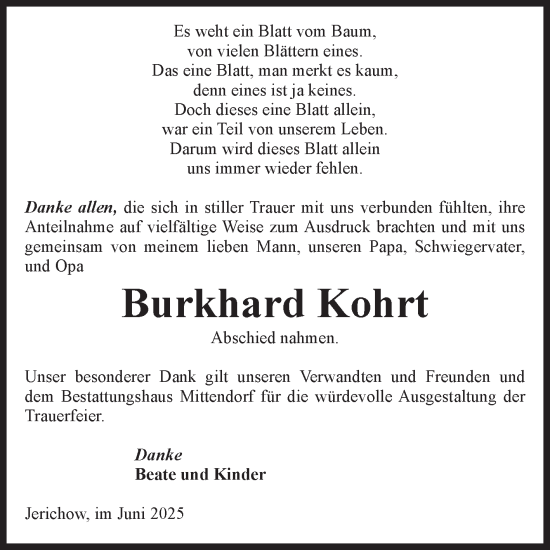 Traueranzeige von Burkhard Kohrt von Volksstimme Burg/Genthin
