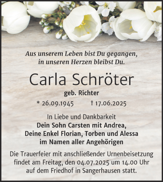Traueranzeige von Carla Schröter von Trauerkombi Sangerhausen