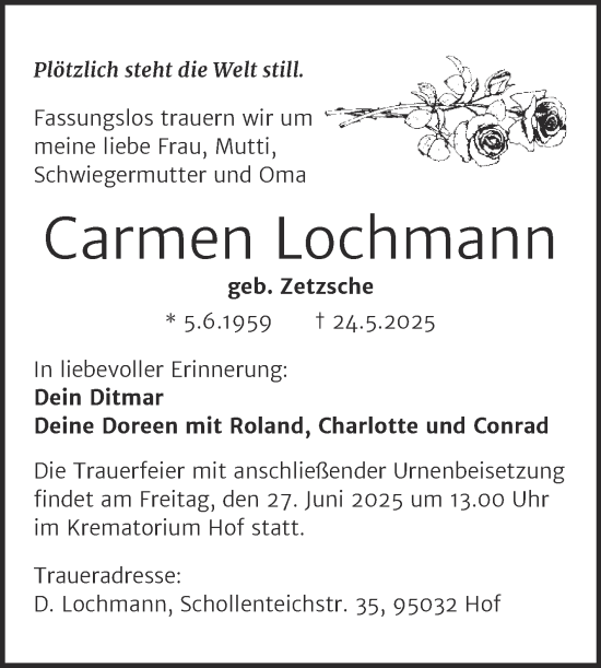 Traueranzeige von Carmen Lochmann von Trauerkombi Zeitz