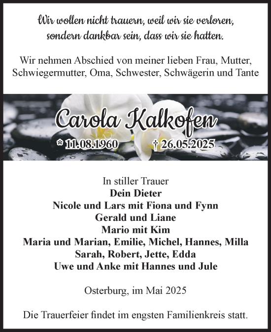 Traueranzeige von Carola Kalkofen von Volksstimme Altmark Ost