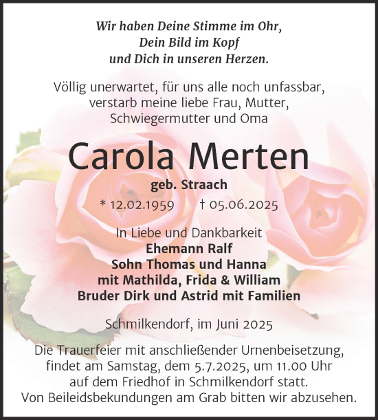 Traueranzeige von Carola Merten von Trauerkombi Wittenberg