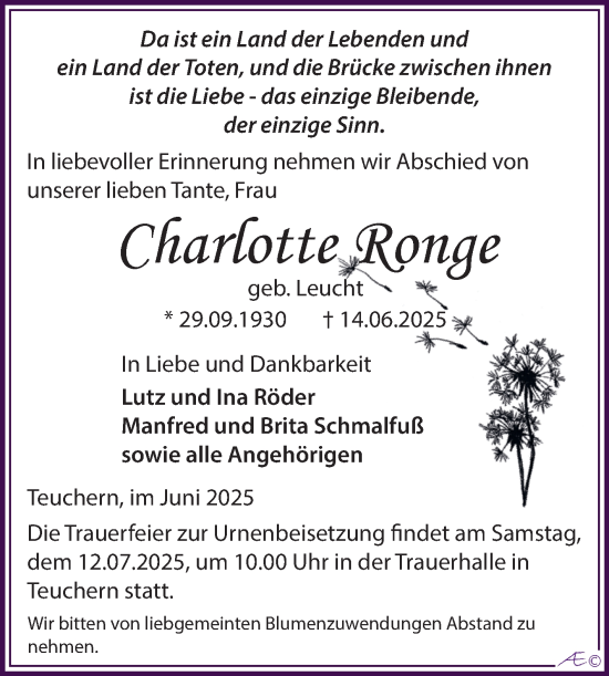 Traueranzeige von Charlotte Ronge von Trauerkombi Weißenfels