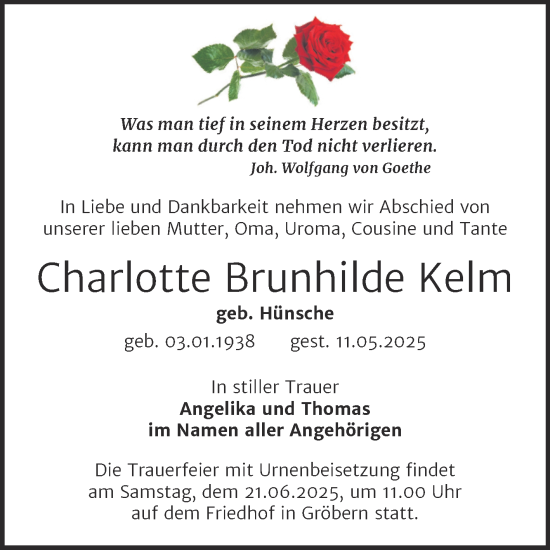 Traueranzeige von Charlotte Brunhilde Kelm von Trauerkombi Bitterfeld