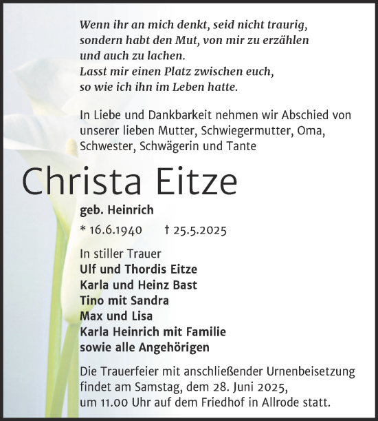 Traueranzeige von Christa Eitze von Trauerkombi Quedlinburg