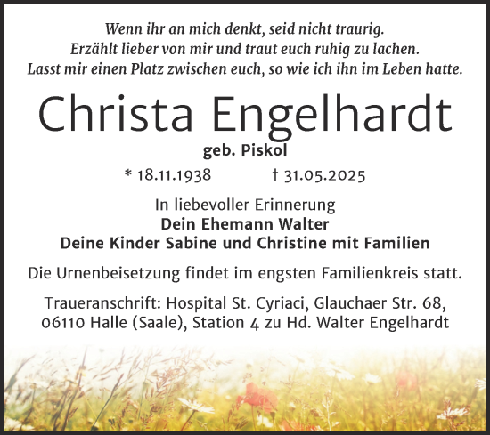 Traueranzeige von Christa Engelhardt 