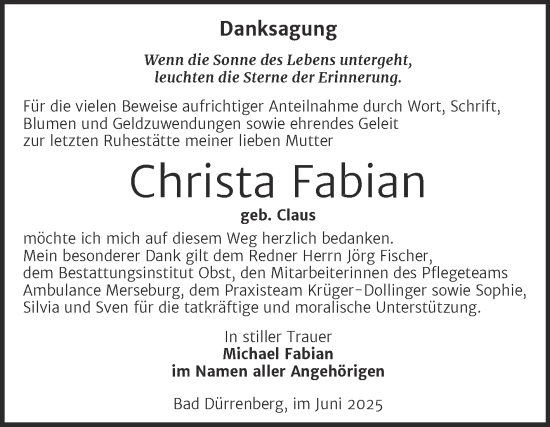 Traueranzeige von Christa Fabian von Trauerkombi Merseburg