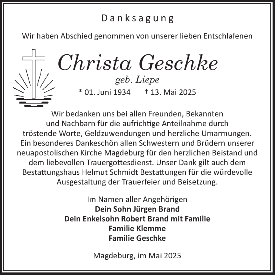 Traueranzeige von Christa Geschke von Volksstimme Magdeburg