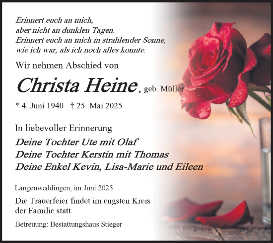 Traueranzeige von Christa Heine von Volksstimme Oschersleben/Wanzleben