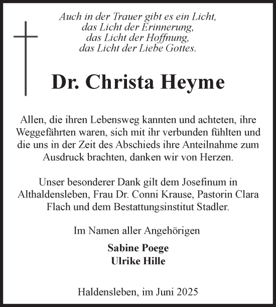 Traueranzeige von Christa Heyme von Volksstimme Haldensleben/Wolmirstedt