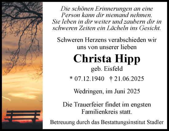 Traueranzeige von Christa Hipp von Volksstimme Haldensleben/Wolmirstedt