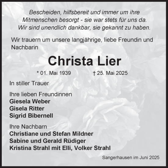 Traueranzeige von Christa Lier von Trauerkombi Sangerhausen