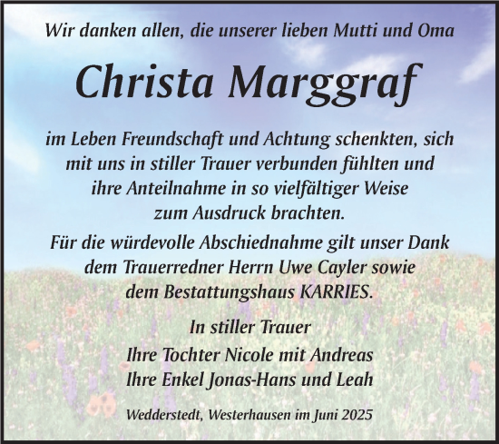 Traueranzeige von Christa Marggraf von Trauerkombi Quedlinburg