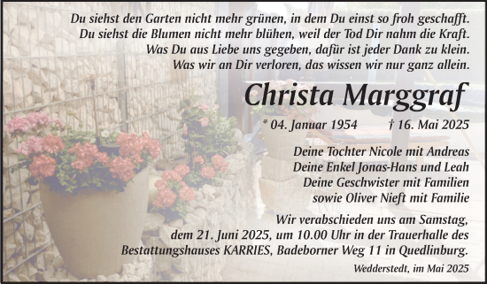 Traueranzeige von Christa Marggraf von Trauerkombi Quedlinburg