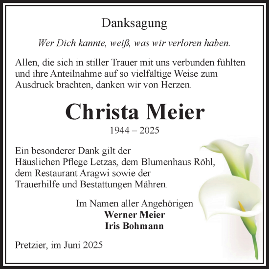 Traueranzeige von Christa Meier von Volksstimme Altmark West