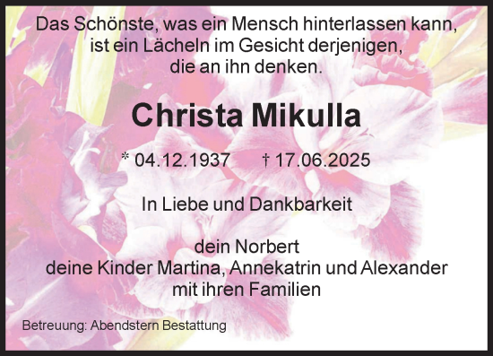 Traueranzeige von Christa Mikulla von Volksstimme Altmark Ost