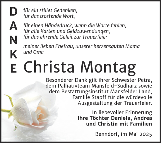 Traueranzeige von Christa Montag von Trauerkombi Mansfelder Land