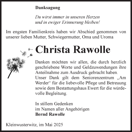 Traueranzeige von Christa Rawolle von Volksstimme Burg/Genthin