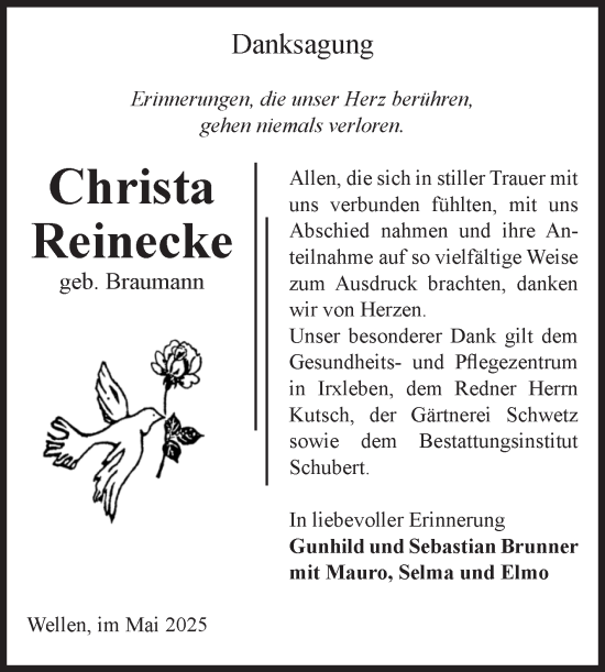 Traueranzeige von Christa Reinecke von Volksstimme Haldensleben/Wolmirstedt