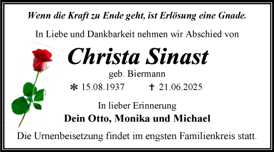 Traueranzeige von Christa Sinast von Trauerkombi Wittenberg