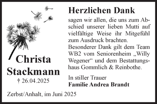 Traueranzeige von Christa Stackmann von Volksstimme Zerbst