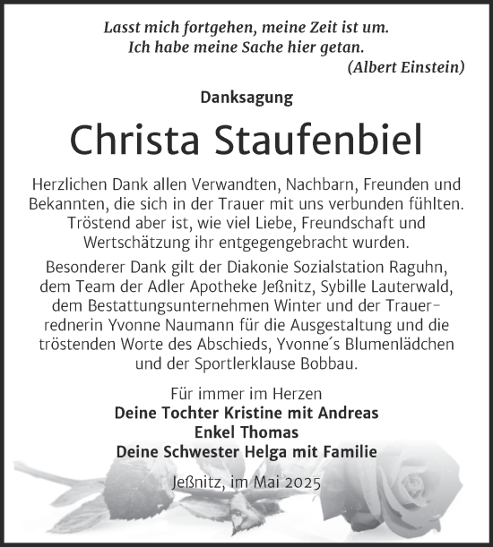 Traueranzeige von Christa Staufenbiel von Trauerkombi Bitterfeld