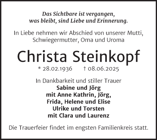 Traueranzeige von Christa Steinkopf von Trauerkombi Bernburg