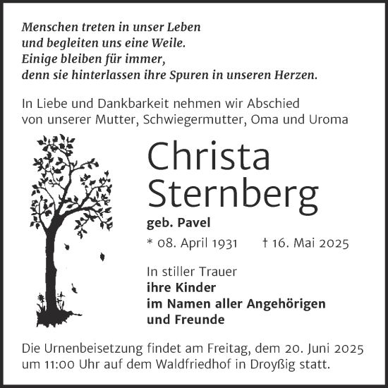 Traueranzeige von Christa Sternberg von Trauerkombi Zeitz