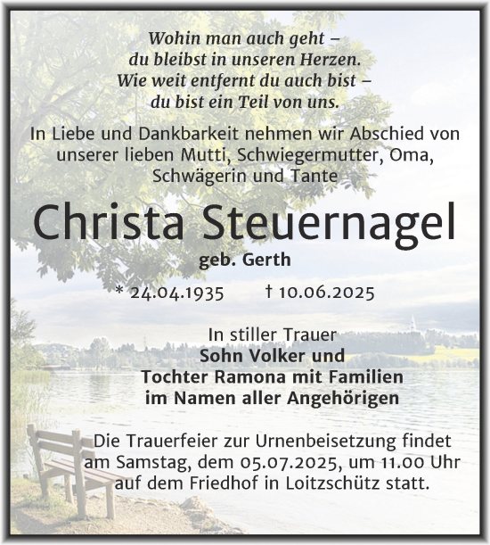 Traueranzeige von Christa Steuernagel von Trauerkombi Zeitz