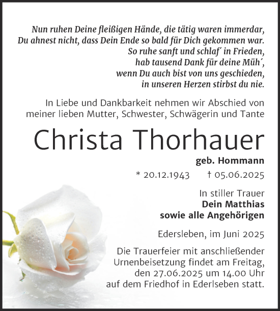 Traueranzeige von Christa Thorhauer von Trauerkombi Sangerhausen