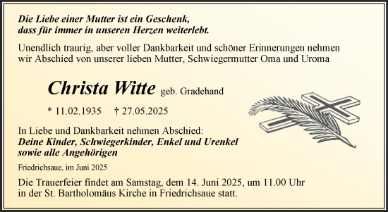 Traueranzeige von Christa Witte von Trauerkombi Aschersleben