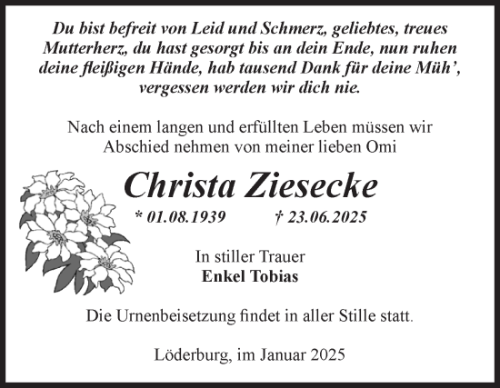 Traueranzeige von Christa Ziesecke von Volksstimme Staßfurt