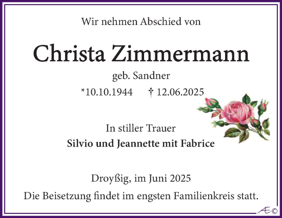 Traueranzeige von Christa Zimmermann von Trauerkombi Zeitz