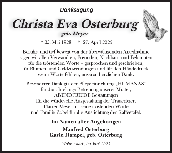 Traueranzeige von Christa Eva Osterburg von Volksstimme Haldensleben/Wolmirstedt