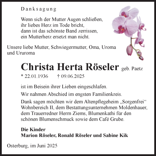 Traueranzeige von Christa Herta Röseler von Volksstimme Altmark Ost
