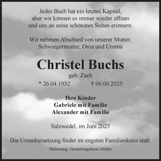 Traueranzeige von Christel Buchs von Volksstimme Altmark West