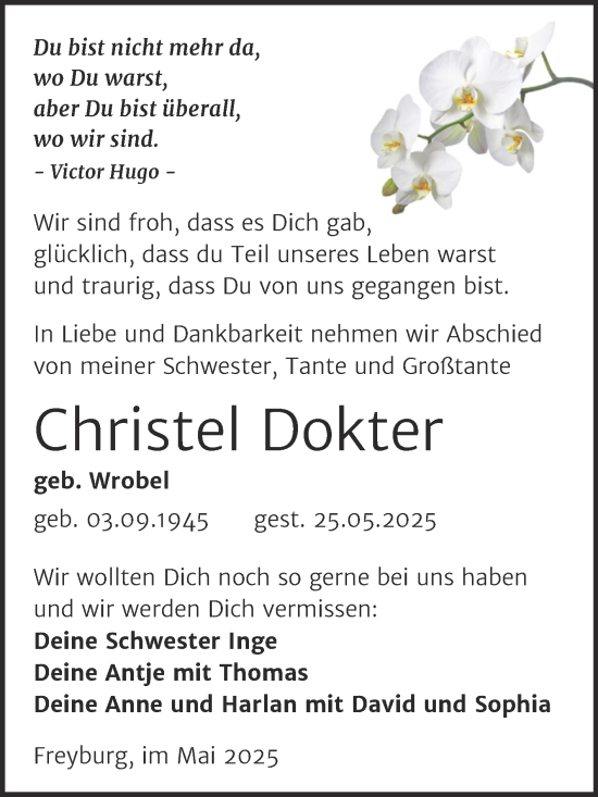 Traueranzeige von Christel Dokter von Super Sonntag Naumburg/Nebra